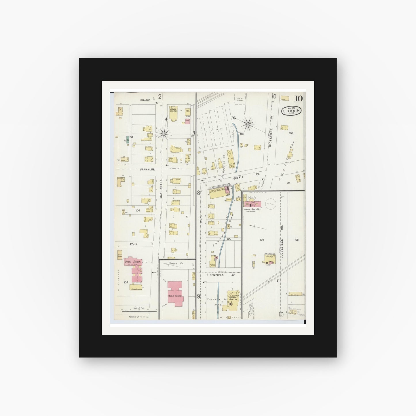 Old map wall art mockup — black gallery frame with white mat — Sanborn Fire Insurance Map from Lorain, Lorain County, Ohio (1896), Sheet #0010