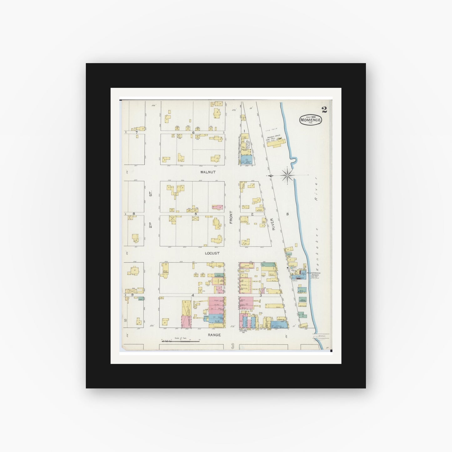 Old map wall art mockup — black gallery frame with white mat — Sanborn Fire Insurance Map from Momence, Kankakee County, Illinois (1892), Sheet #0002