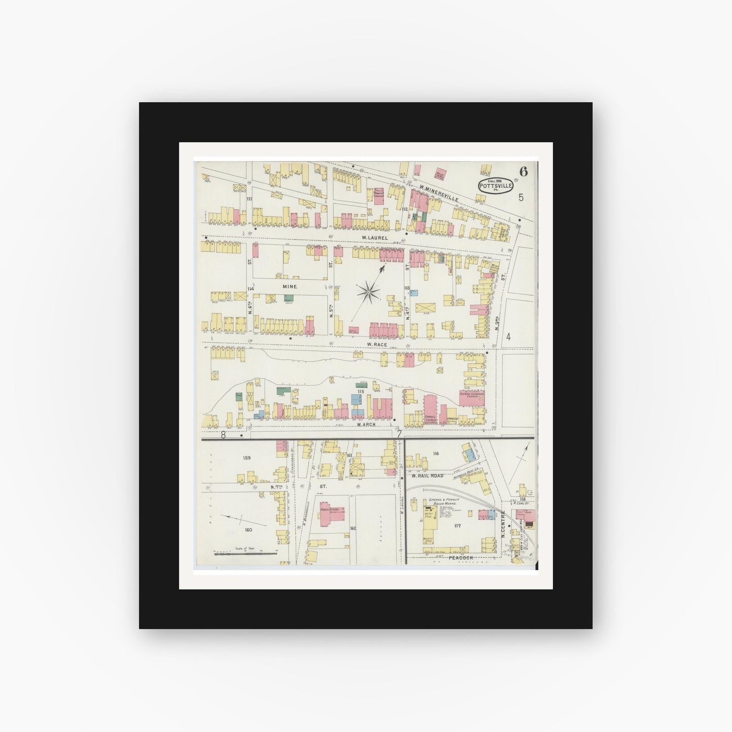 Old map wall art mockup — black gallery frame with white mat — Sanborn Fire Insurance Map from Pottsville, Schuylkill County, Pennsylvania (1895), Sheet #0006