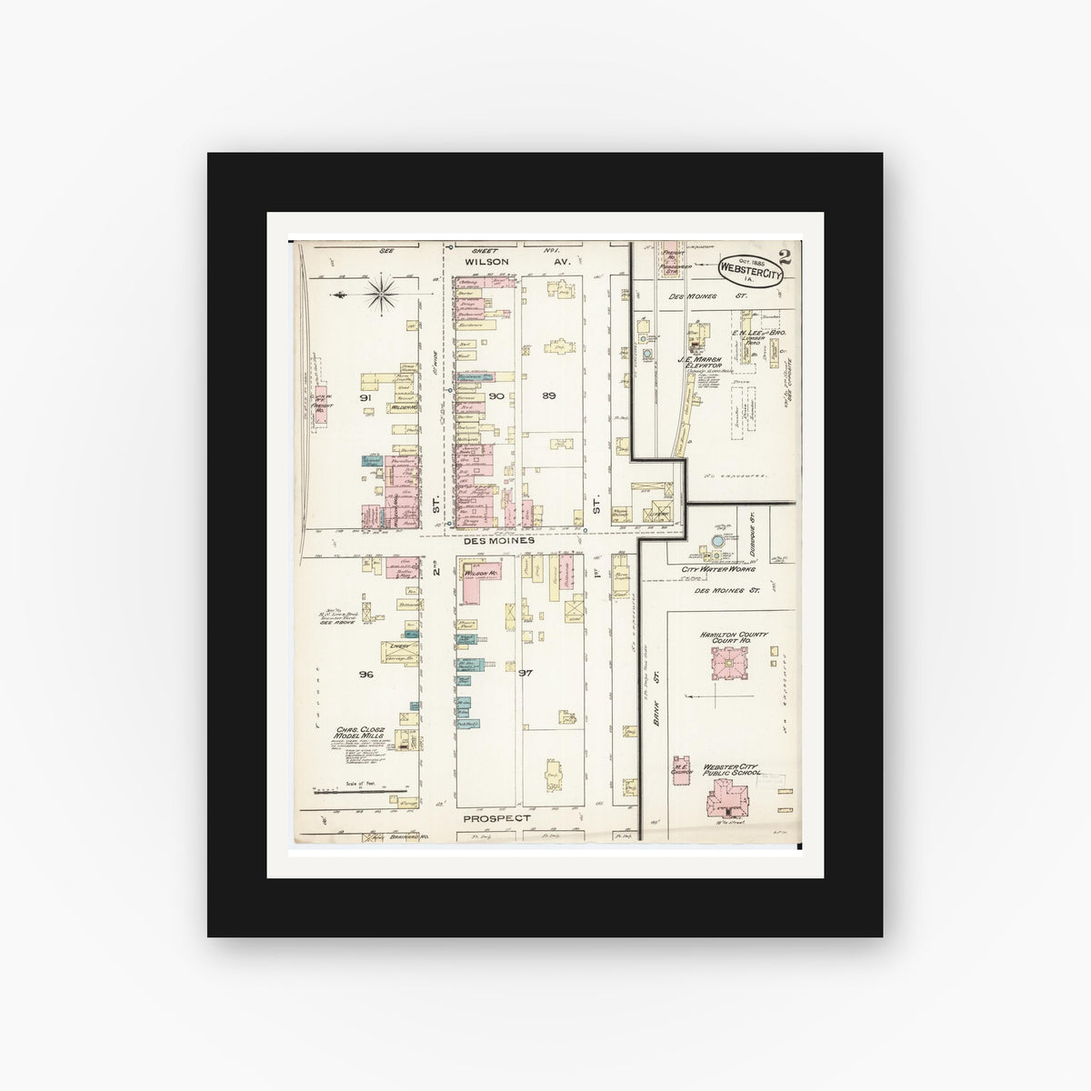 Old map wall art mockup — black gallery frame with white mat — Sanborn Fire Insurance Map from Webster City, Hamilton County, Iowa (1885), Sheet #0002