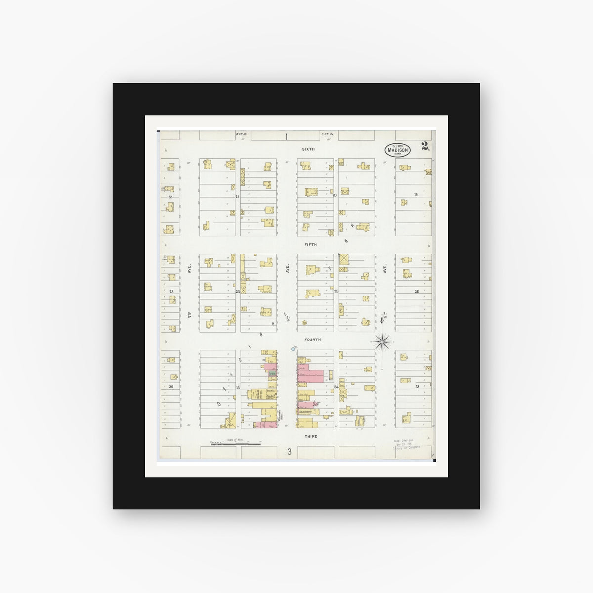 Old map wall art mockup — black gallery frame with white mat — Sanborn Fire Insurance Map from Madison, Lac Qui Parle County, Minnesota (1899), Sheet #0002