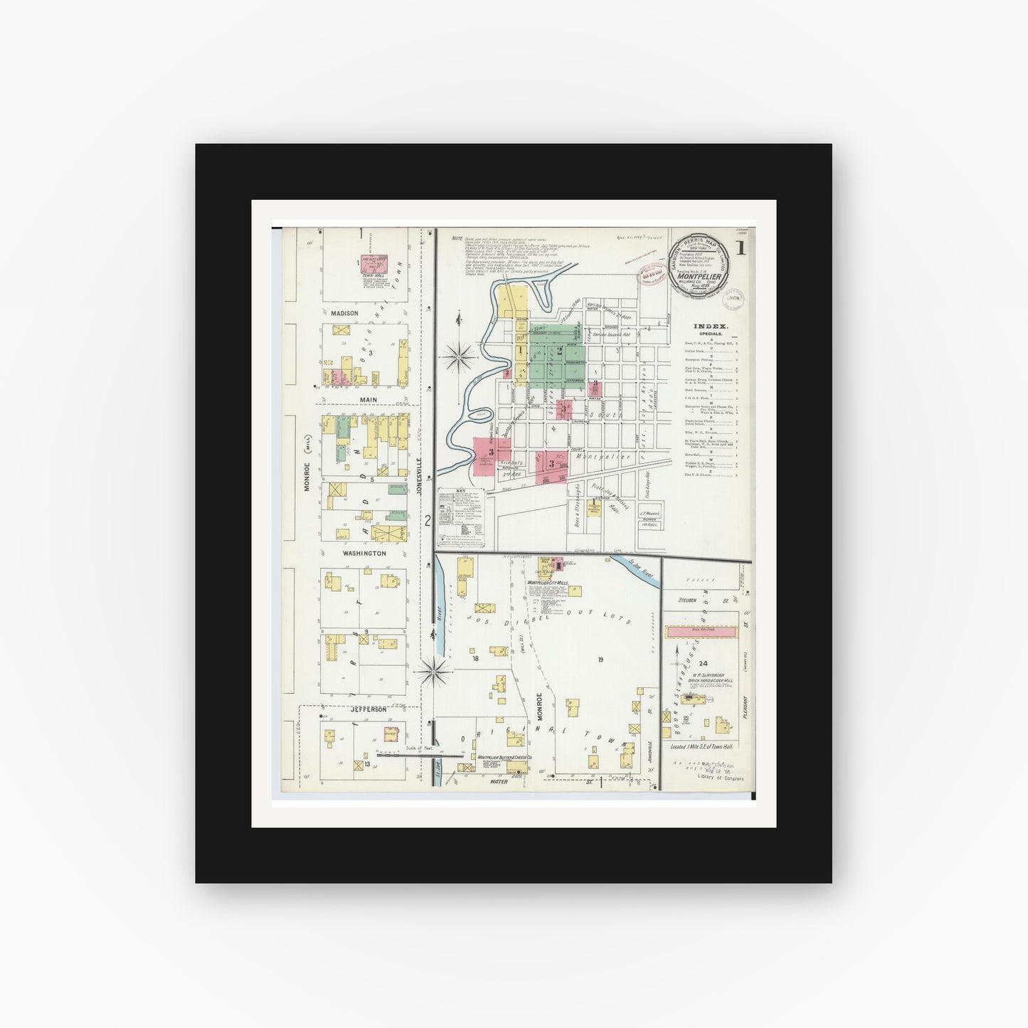 Old map wall art mockup — black gallery frame with white mat — Sanborn Fire Insurance Map from Montpelier, Williams County, Ohio (1899), Sheet #0001