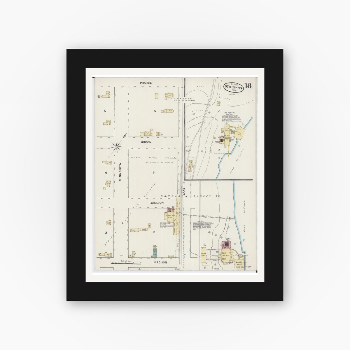 Old map wall art mockup — black gallery frame with white mat — Sanborn Fire Insurance Map from Stillwater, Washington County, Minnesota (1888), Sheet #0018