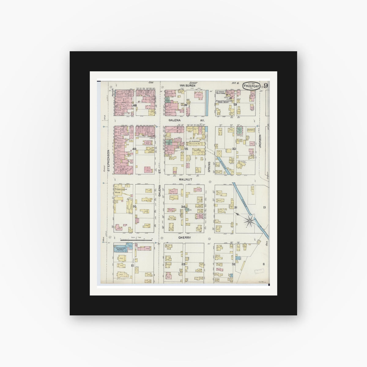 Old map wall art mockup — black gallery frame with white mat — Sanborn Fire Insurance Map from Freeport, Stephenson County, Illinois (1890), Sheet #0009