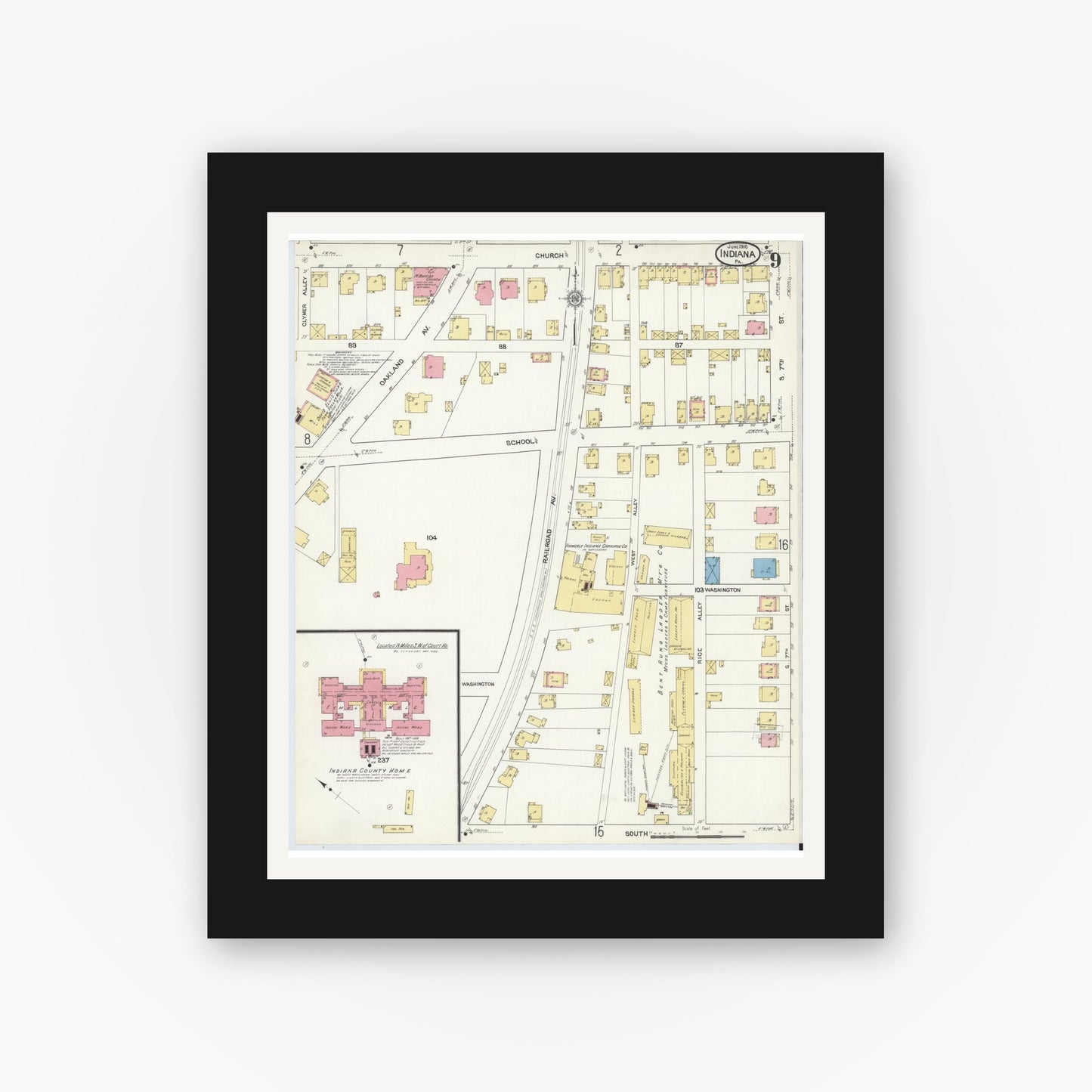 Old map wall art mockup — black gallery frame with white mat — Sanborn Fire Insurance Map from Indiana, Indiana County, Pennsylvania (1916), Sheet #0009
