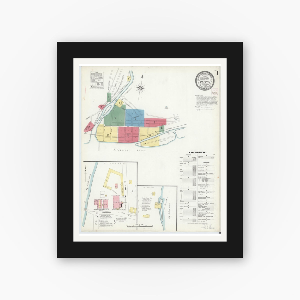 Old map wall art mockup — black gallery frame with white mat — Sanborn Fire Insurance Map from Freeport, Armstrong County, Pennsylvania (1908) - Complete Map Set