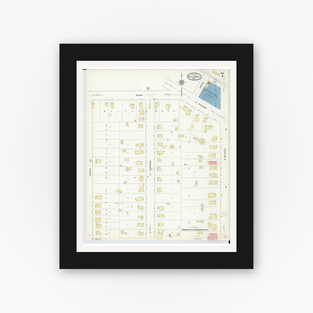 Old map wall art mockup — black gallery frame with white mat — Sanborn Fire Insurance Map from Hillsdale, Hillsdale County, Michigan (1913), Sheet #0007
