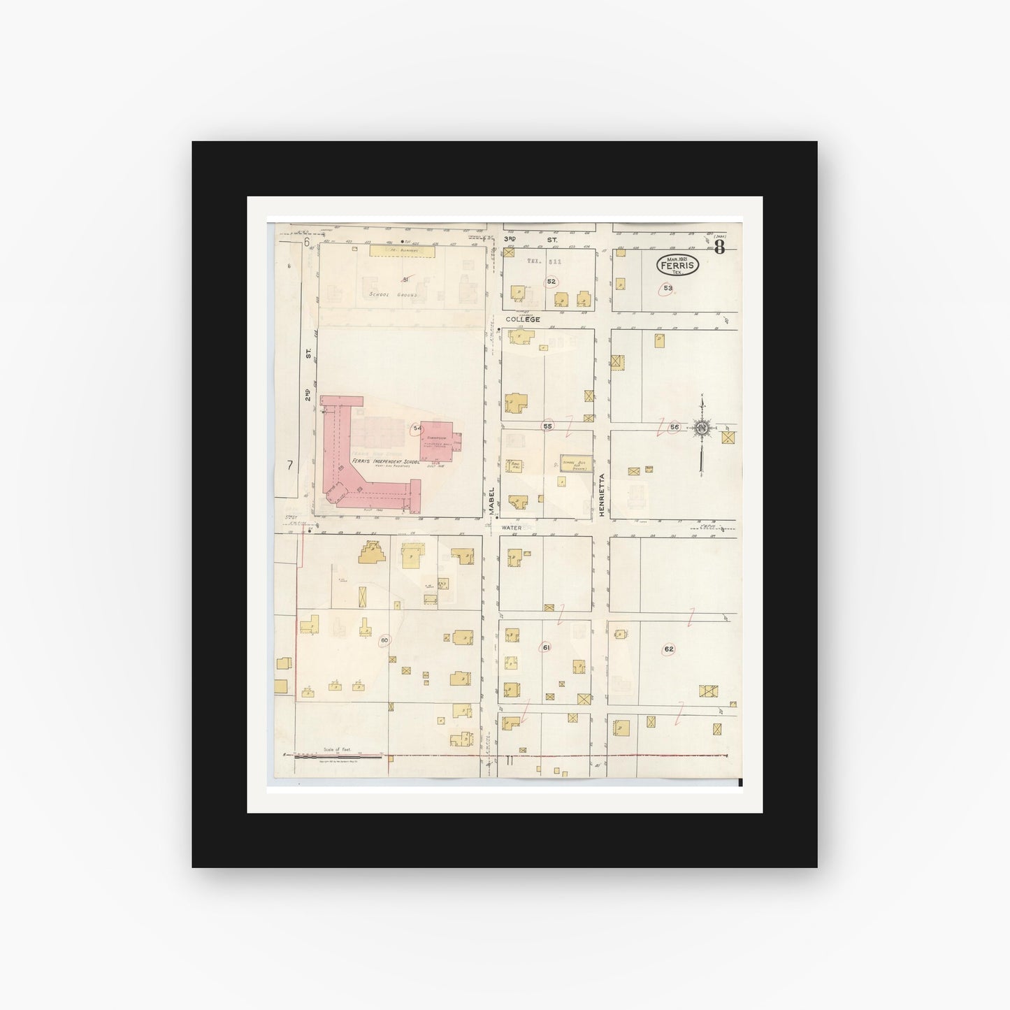 Old map wall art mockup — black gallery frame with white mat — Sanborn Fire Insurance Map from Ferris, Ellis County, Texas (1941), Sheet #0008