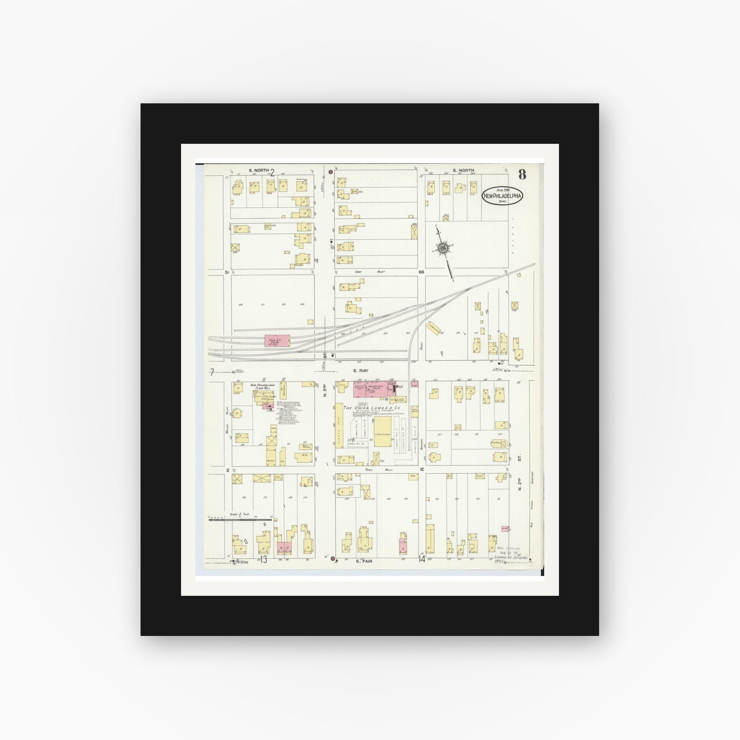 Old map wall art mockup — black gallery frame with white mat — Sanborn Fire Insurance Map from New Philadelphia, Tuscarawas County, Ohio (1910), Sheet #0008