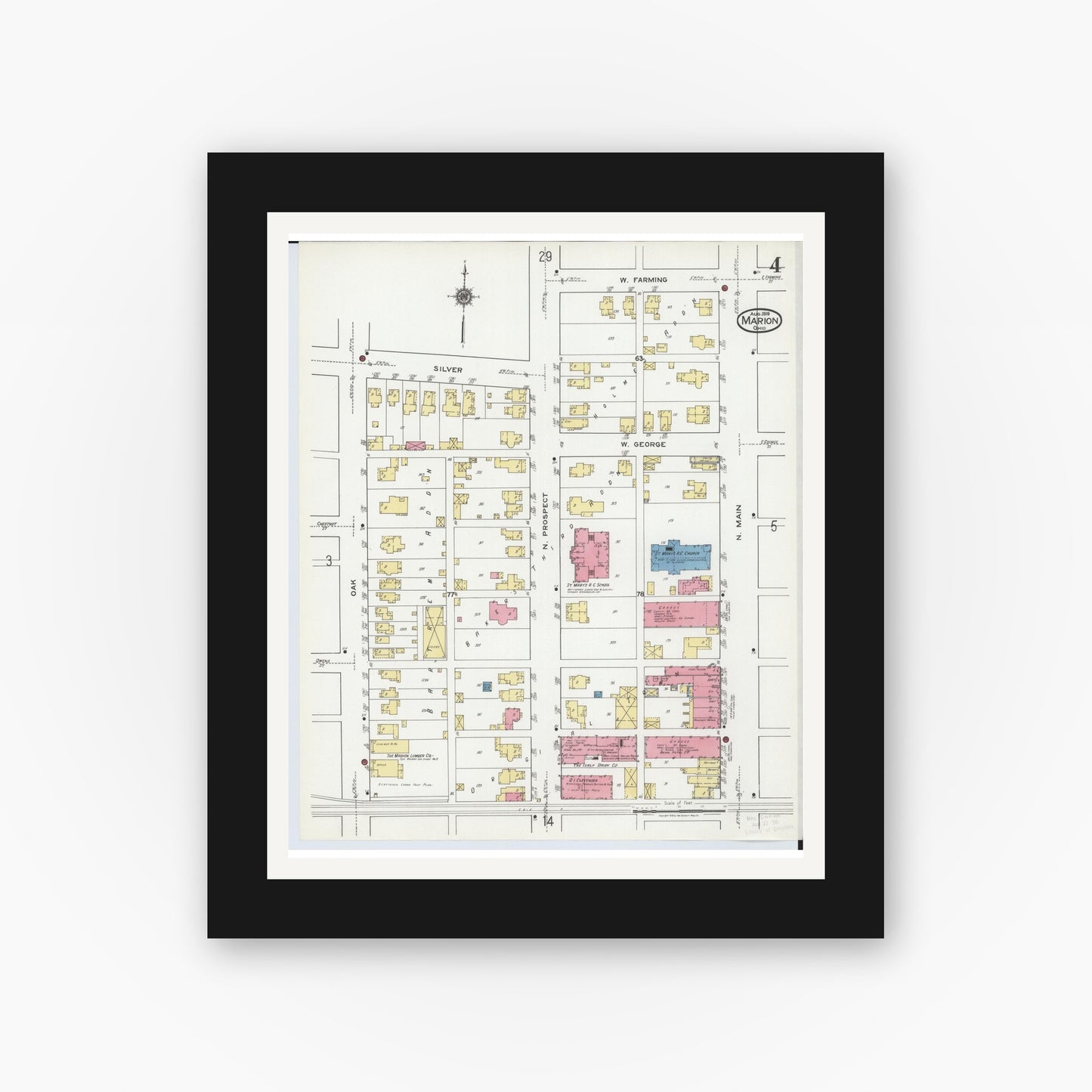 Old map wall art mockup — black gallery frame with white mat — Sanborn Fire Insurance Map from Marion, Marion County, Ohio (1919), Sheet #0004