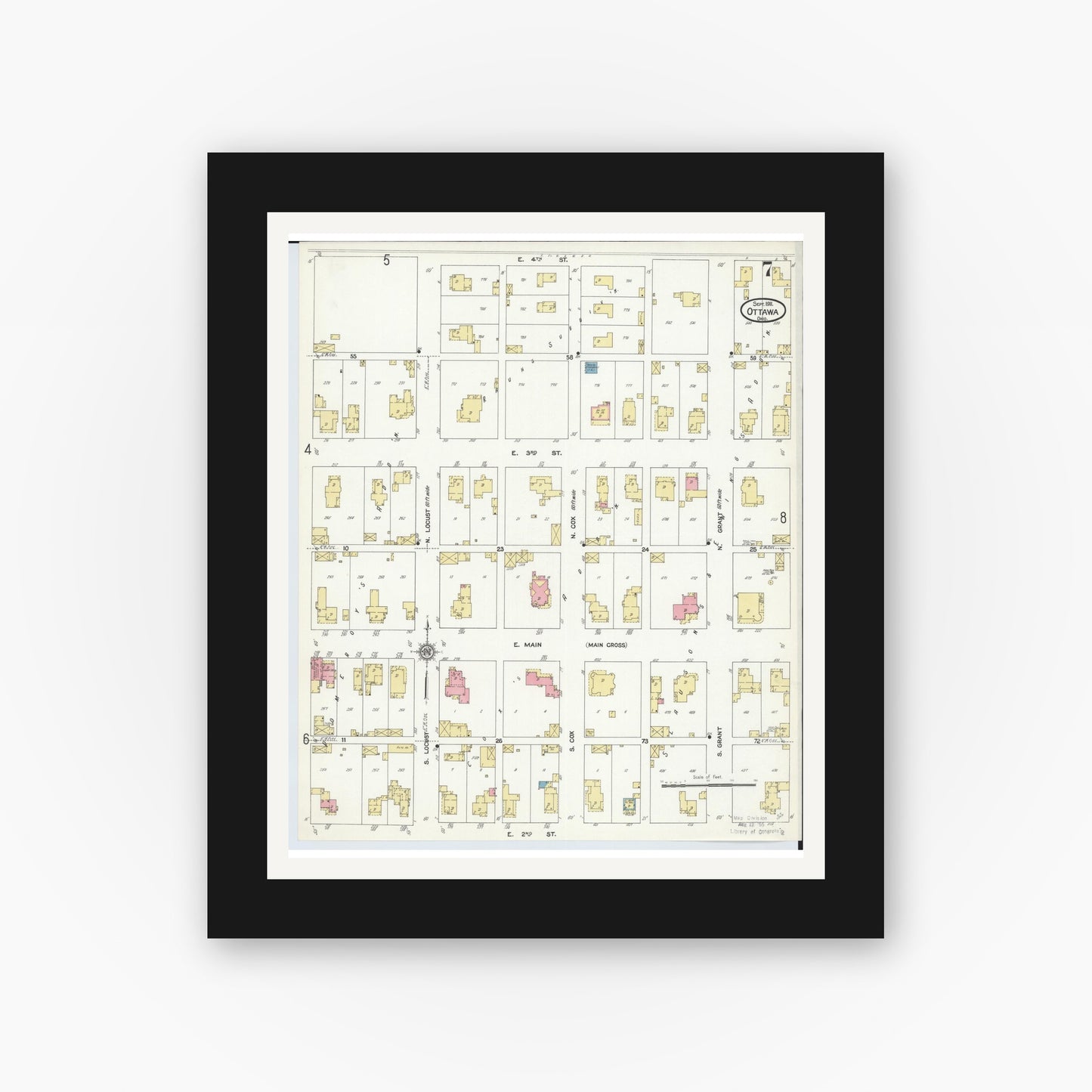 Old map wall art mockup — black gallery frame with white mat — Sanborn Fire Insurance Map from Ottawa, Putnam County, Ohio (1911), Sheet #0007