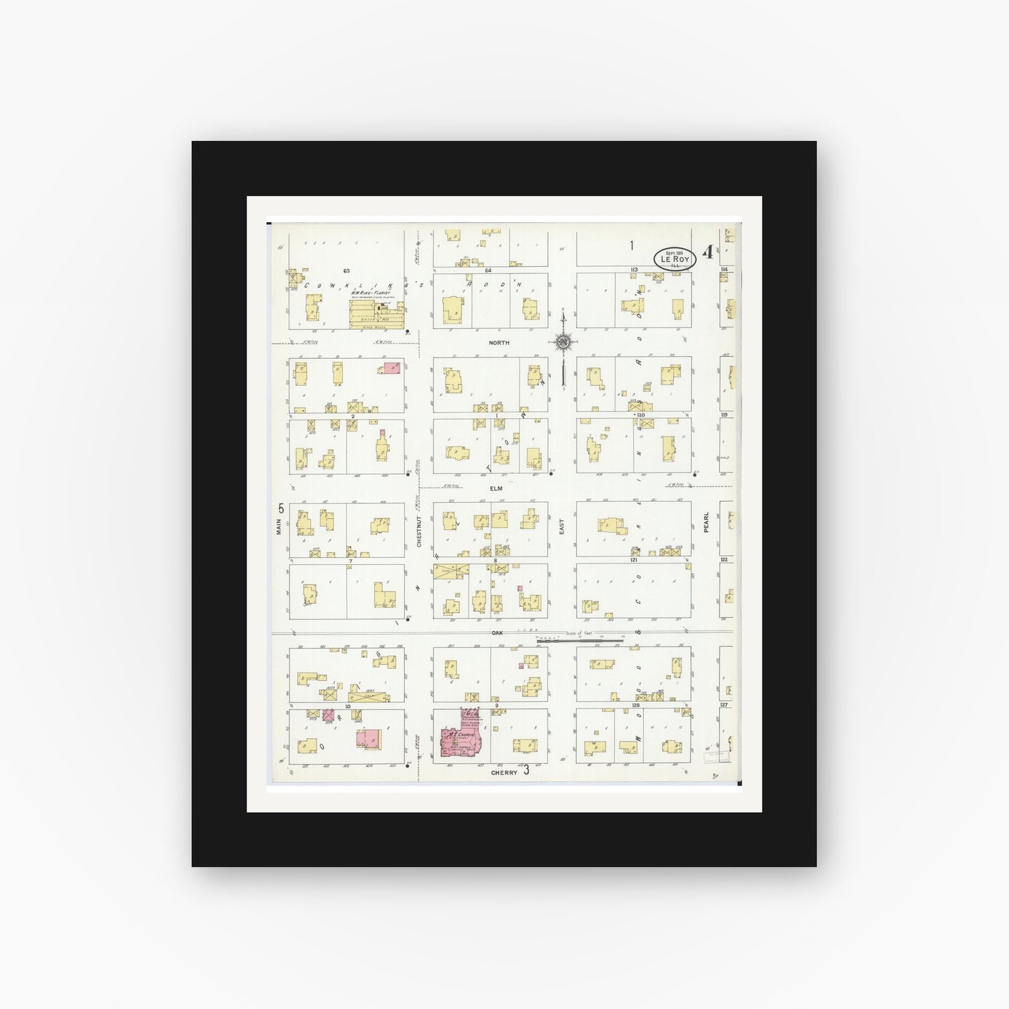 Old map wall art mockup — black gallery frame with white mat — Sanborn Fire Insurance Map from Leroy, McLean County, Illinois (1911), Sheet #0004