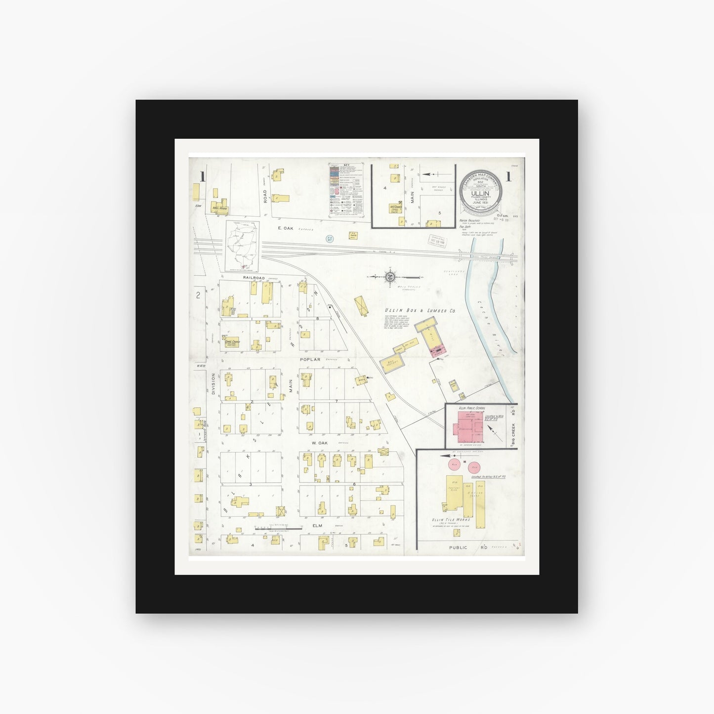 Old map wall art mockup — black gallery frame with white mat — Sanborn Fire Insurance Map from Ullin, Pulaski County, Illinois (1931) - Complete Map Set
