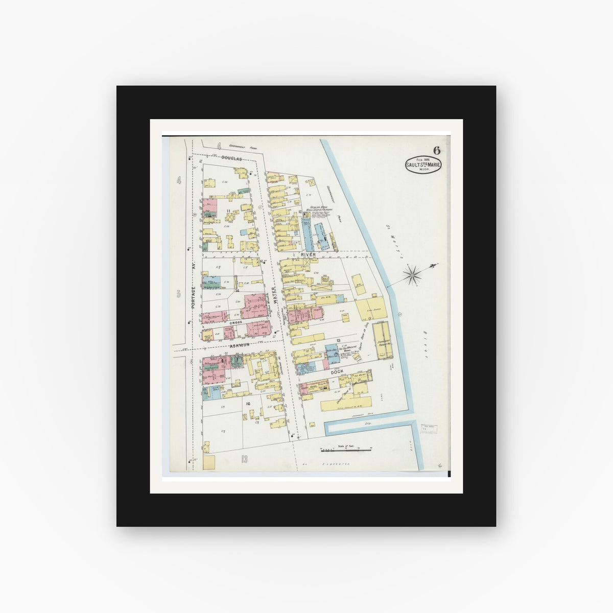 Old map wall art mockup — black gallery frame with white mat — Sanborn Fire Insurance Map from Sault Sainte Marie, Chippewa County, Michigan (1895), Sheet #0006
