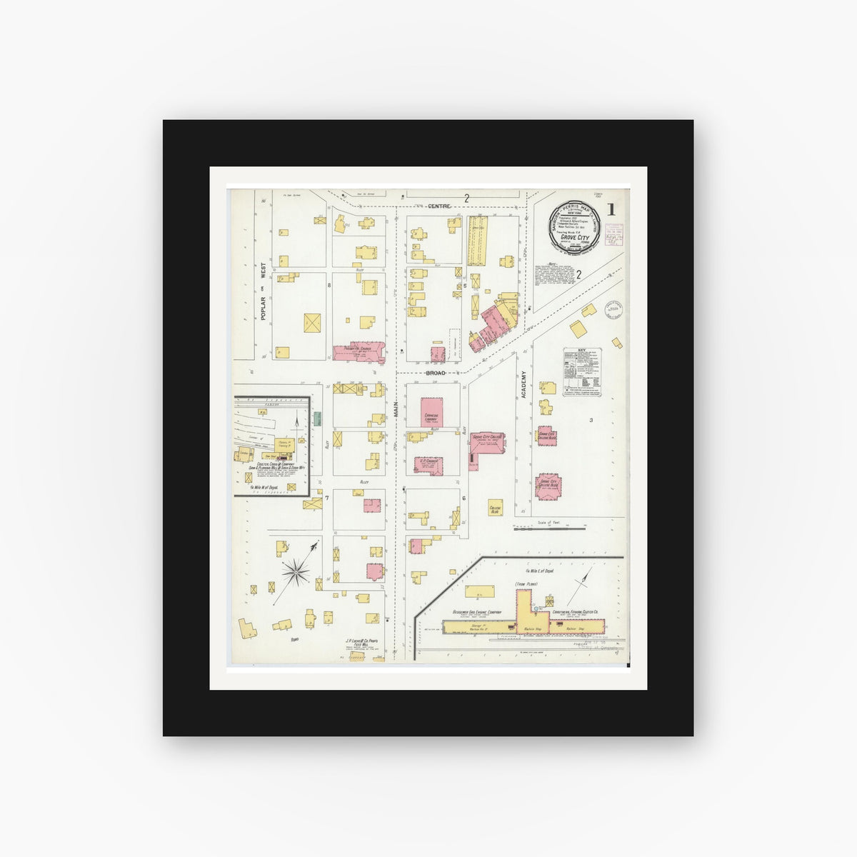Old map wall art mockup — black gallery frame with white mat — Sanborn Fire Insurance Map from Grove City, Mercer County, Pennsylvania (1901), Sheet #0001