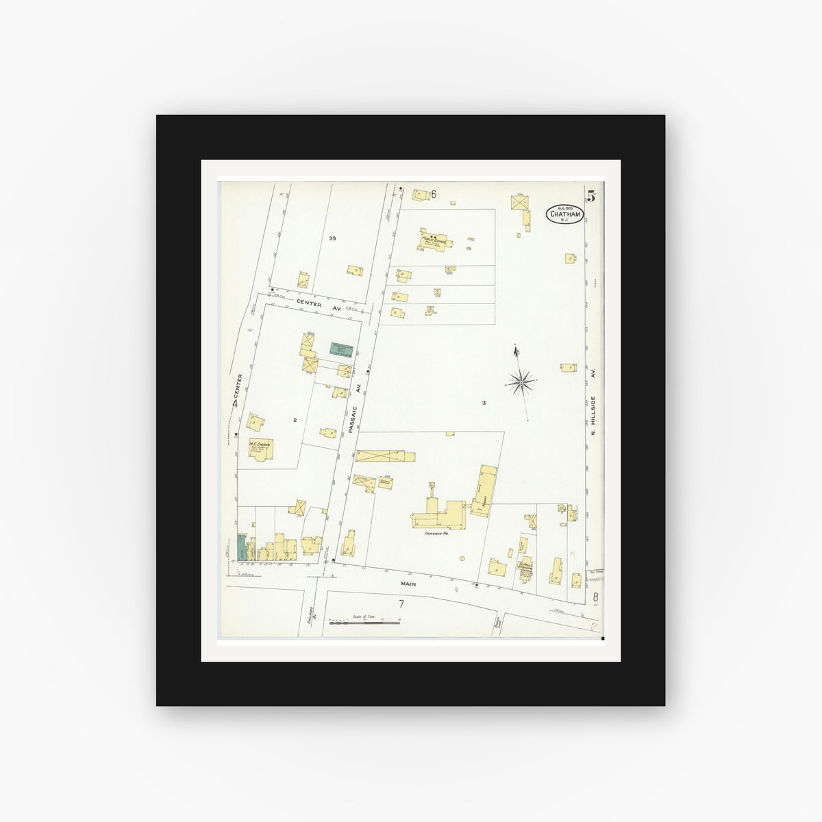 Old map wall art mockup — black gallery frame with white mat — Sanborn Fire Insurance Map from Chatham, Morris County, New Jersey (1909), Sheet #0005