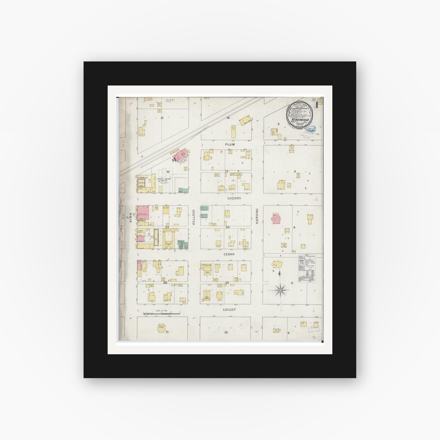 Old map wall art mockup — black gallery frame with white mat — Sanborn Fire Insurance Map from Kirkwood, Warren County, Illinois (1894), Sheet #0001