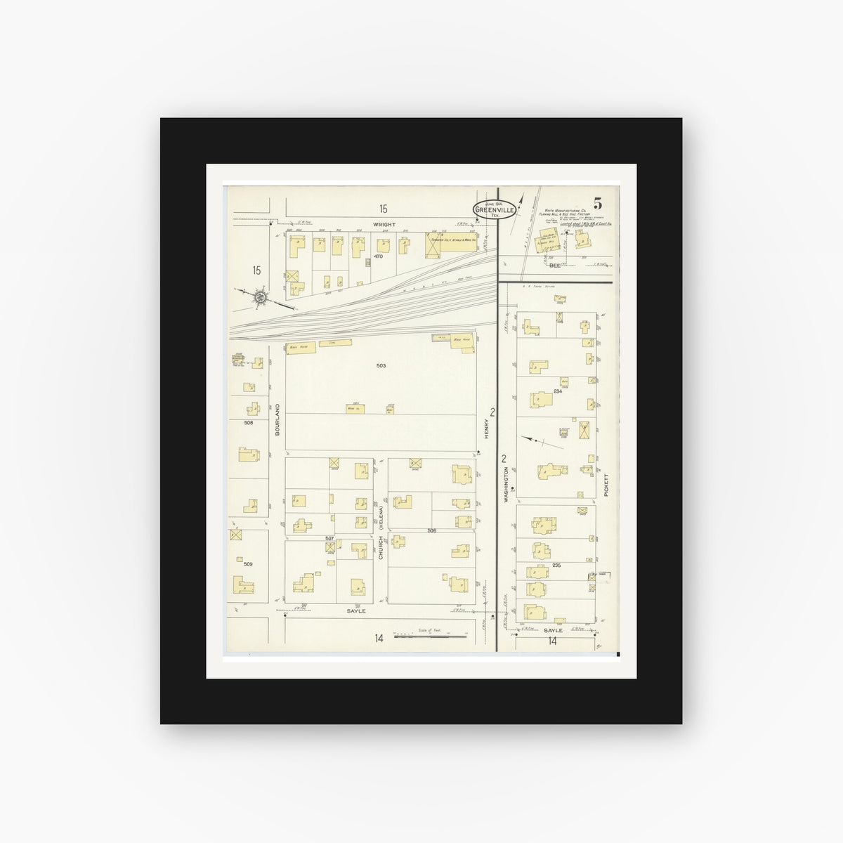 Old map wall art mockup — black gallery frame with white mat — Sanborn Fire Insurance Map from Greenville, Hunt County, Texas (1914), Sheet #0005