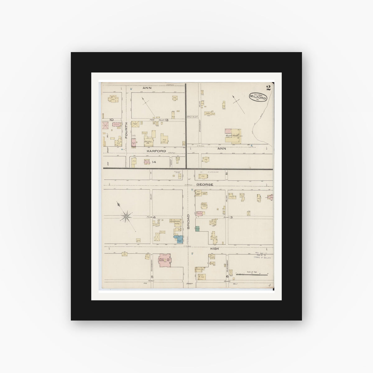 Old map wall art mockup — black gallery frame with white mat — Sanborn Fire Insurance Map from Milford, Pike County, Pennsylvania (1885), Sheet #0002
