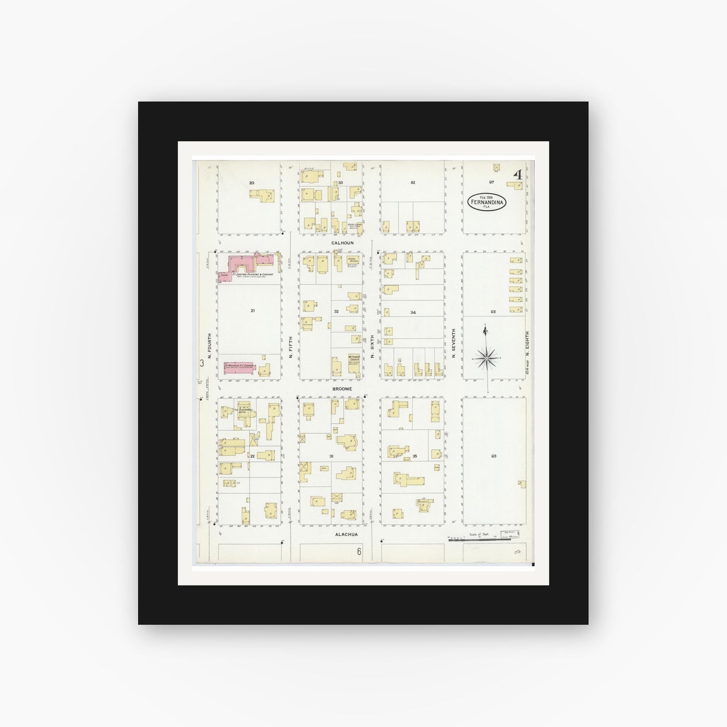 Old map wall art mockup — black gallery frame with white mat — Sanborn Fire Insurance Map from Fernandina, Nassau County, Florida (1909), Sheet #0004