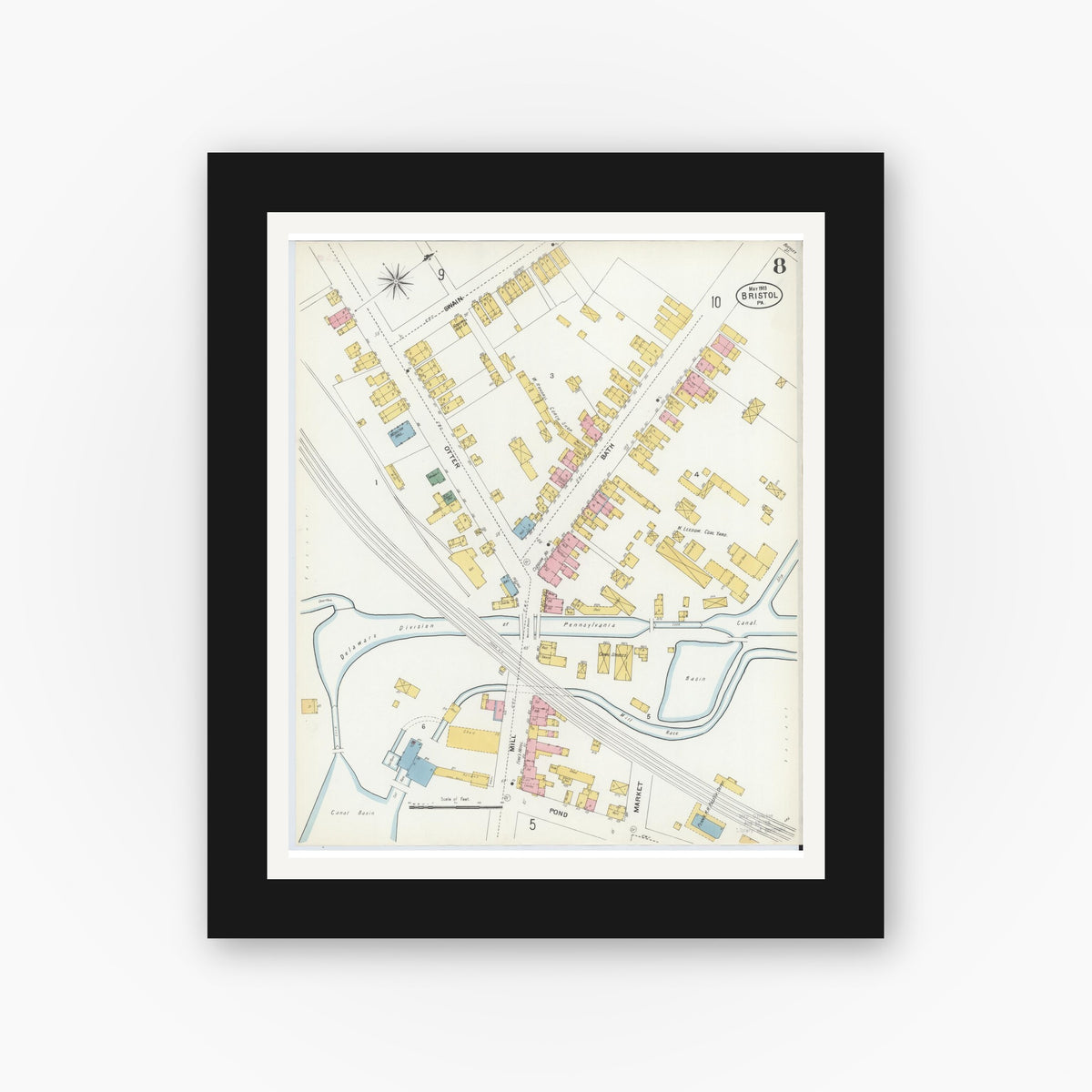 Old map wall art mockup — black gallery frame with white mat — Sanborn Fire Insurance Map from Bristol, Bucks County, Pennsylvania (1903), Sheet #0008