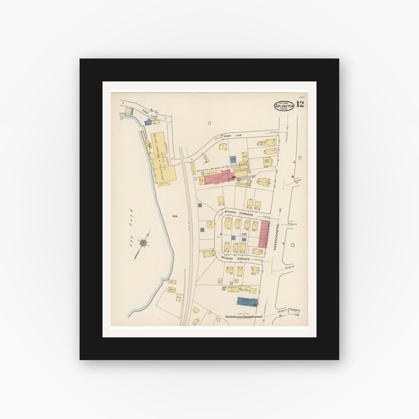 Old map wall art mockup — black gallery frame with white mat — Sanborn Fire Insurance Map from Arlington, Middlesex County, Massachusetts (1922), Sheet #0012