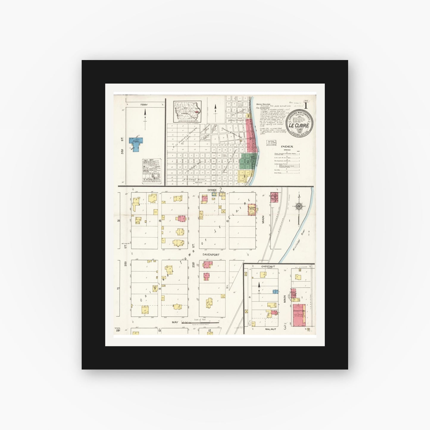 Old map wall art mockup — black gallery frame with white mat — Sanborn Fire Insurance Map from Le Claire, Scott County, Iowa (1922), Sheet #0001