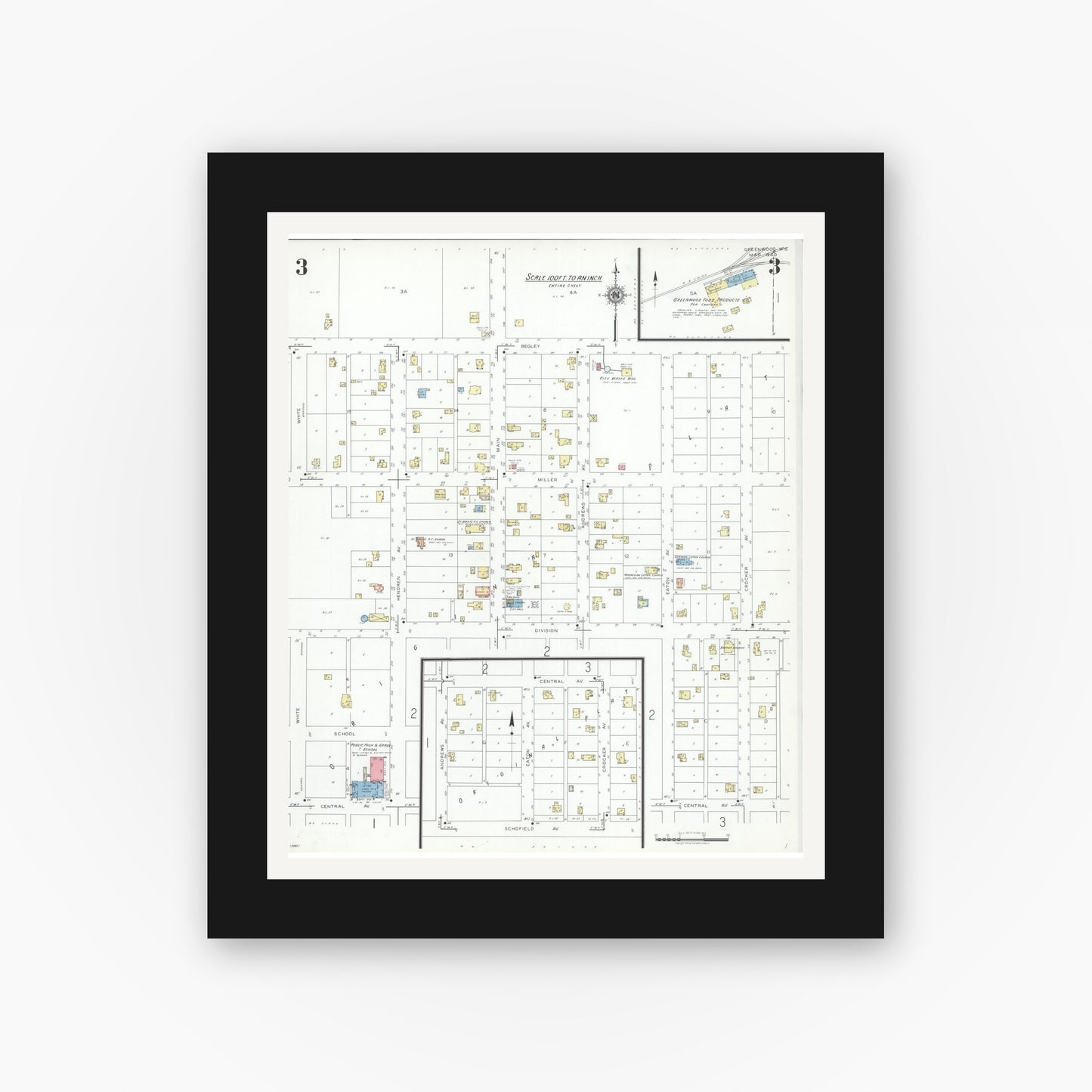 Old map wall art mockup — black gallery frame with white mat — Sanborn Fire Insurance Map from Greenwood, Clark County, Wisconsin (1940), Sheet #0003