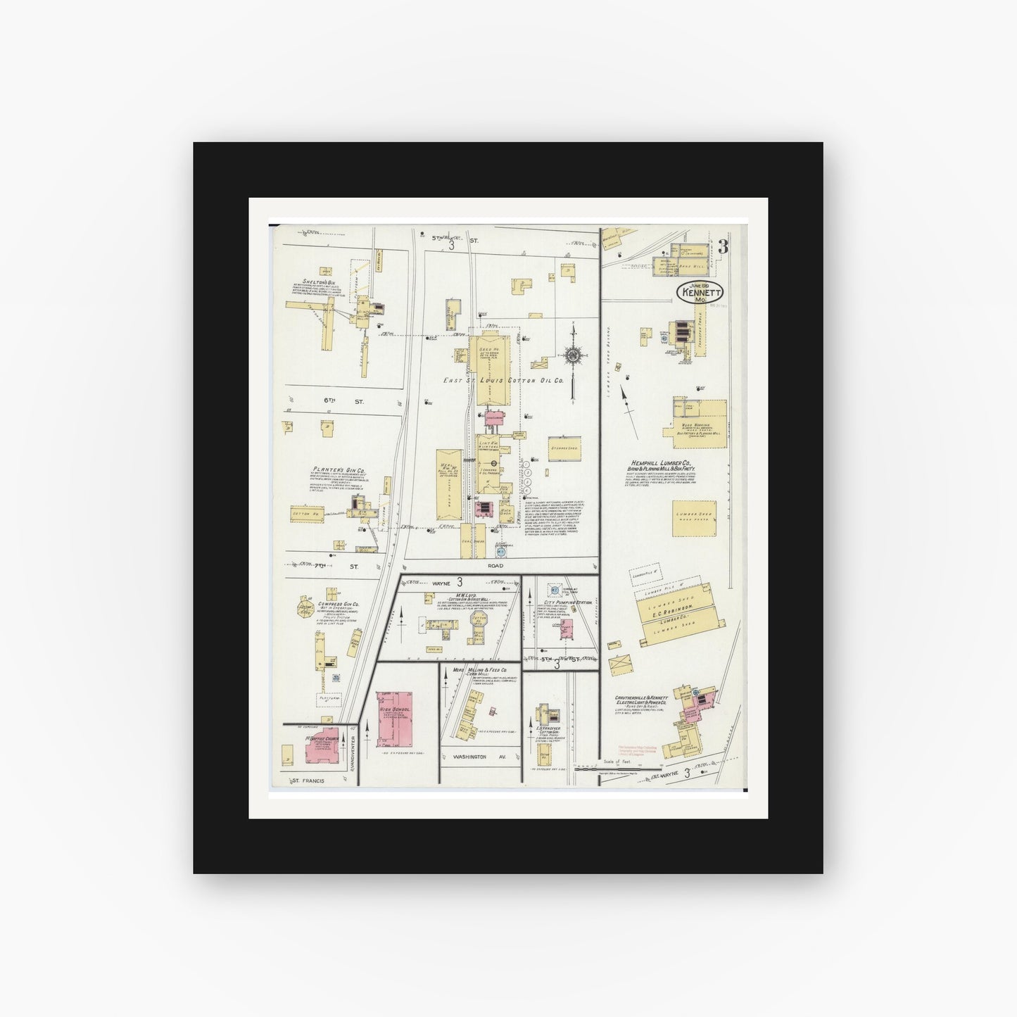 Old map wall art mockup — black gallery frame with white mat — Sanborn Fire Insurance Map from Kennett, Dunklin County, Missouri (1919), Sheet #0003