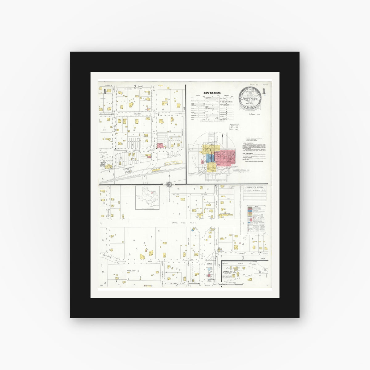 Old map wall art mockup — black gallery frame with white mat — Sanborn Fire Insurance Map from Grapevine, Tarrant County, Texas (1935), Sheet #0001