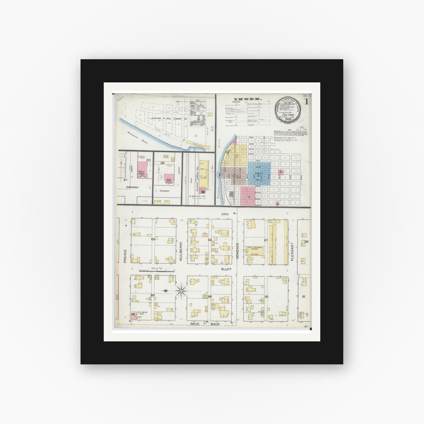 Old map wall art mockup — black gallery frame with white mat — Sanborn Fire Insurance Map from Fulton, Whiteside County, Illinois (1892), Sheet #0001