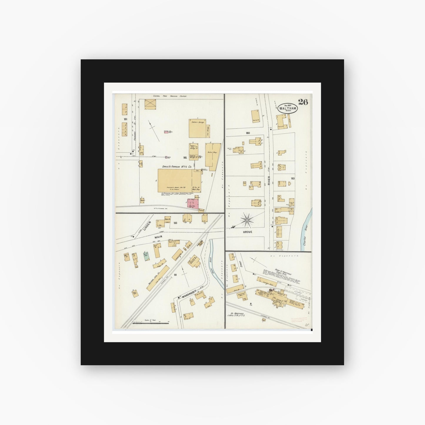 Old map wall art mockup — black gallery frame with white mat — Sanborn Fire Insurance Map from Waltham, Middlesex County, Massachusetts (1897), Sheet #0026