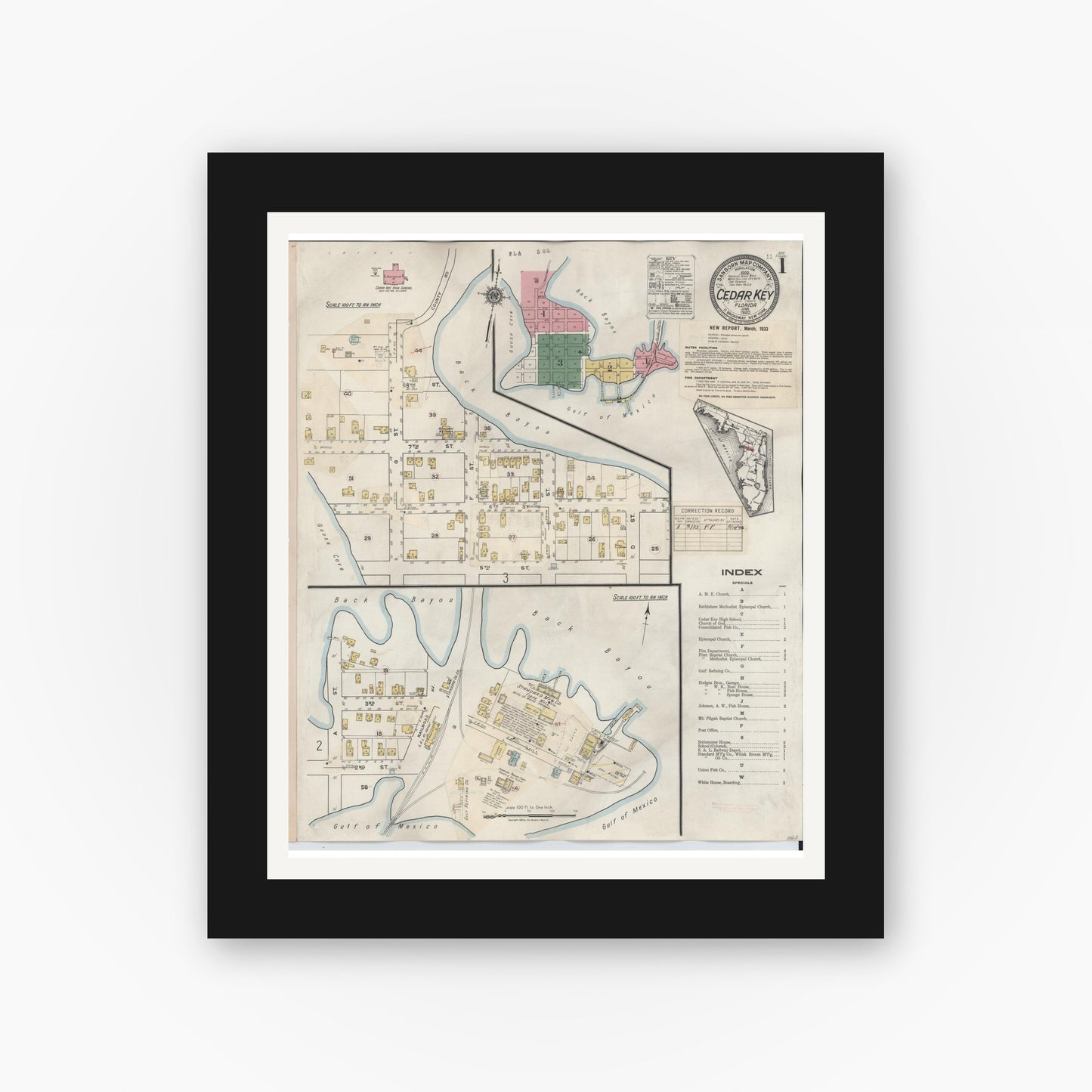 Old map wall art mockup — black gallery frame with white mat — Sanborn Fire Insurance Map from Cedar Key, Levy County, Florida (1933) - Complete Map Set