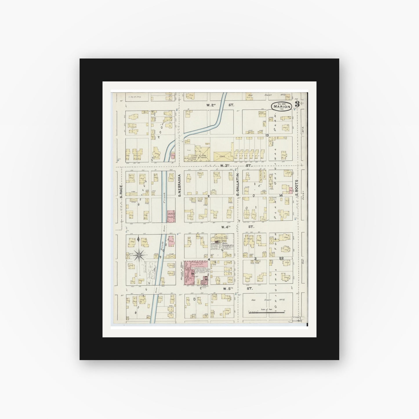 Old map wall art mockup — black gallery frame with white mat — Sanborn Fire Insurance Map from Marion, Grant County, Indiana (1890), Sheet #0003