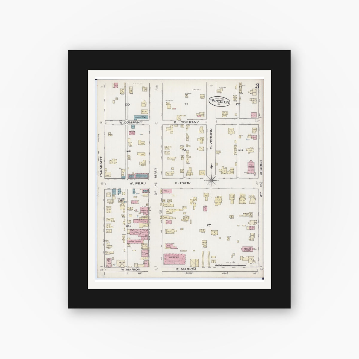 Old map wall art mockup — black gallery frame with white mat — Sanborn Fire Insurance Map from Princeton, Bureau County, Illinois (1885), Sheet #0003