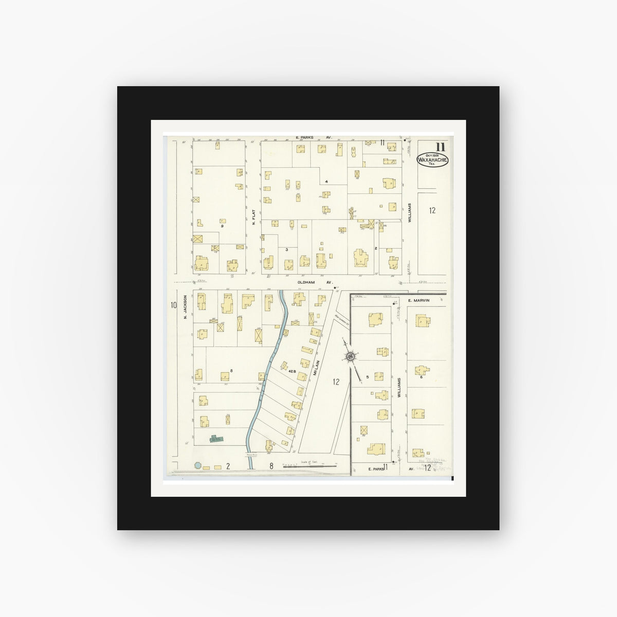 Old map wall art mockup — black gallery frame with white mat — Sanborn Fire Insurance Map from Waxahachie, Ellis County, Texas (1909), Sheet #0011