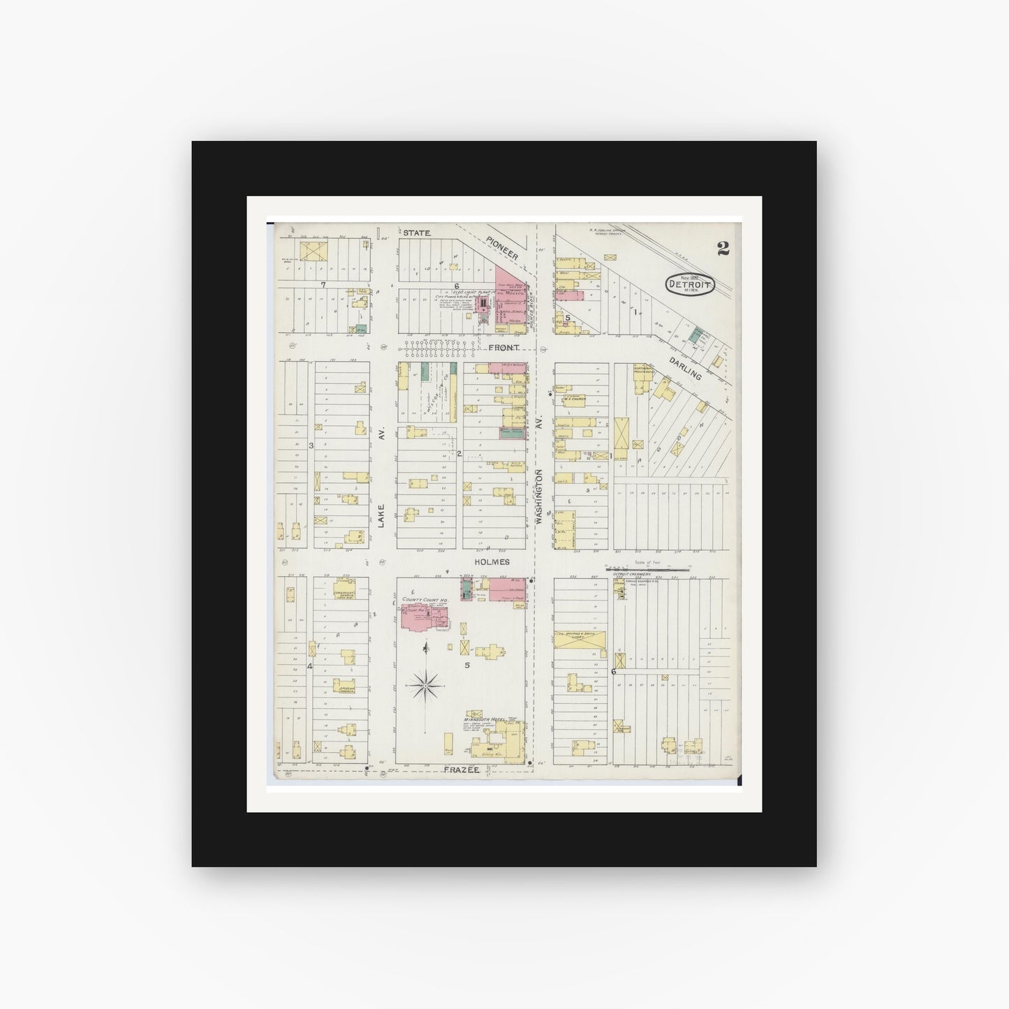 Old map wall art mockup — black gallery frame with white mat — Sanborn Fire Insurance Map from Detroit Lakes, Becker County, Minnesota (1892), Sheet #0002