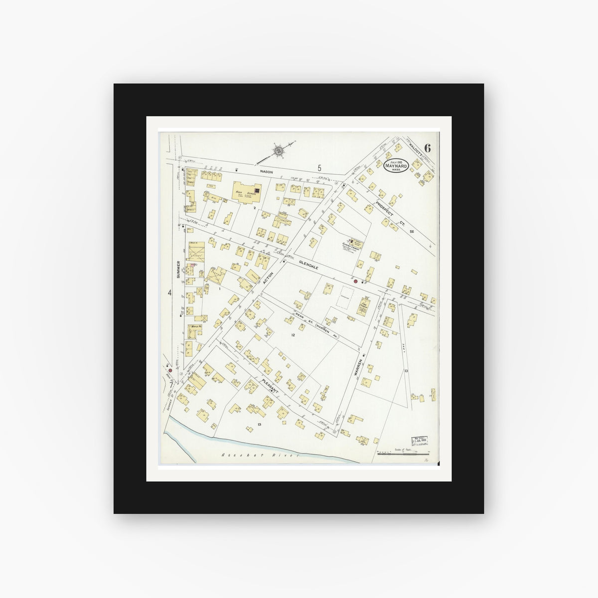Old map wall art mockup — black gallery frame with white mat — Sanborn Fire Insurance Map from Maynard, Middlesex County, Massachusetts (1910), Sheet #0006