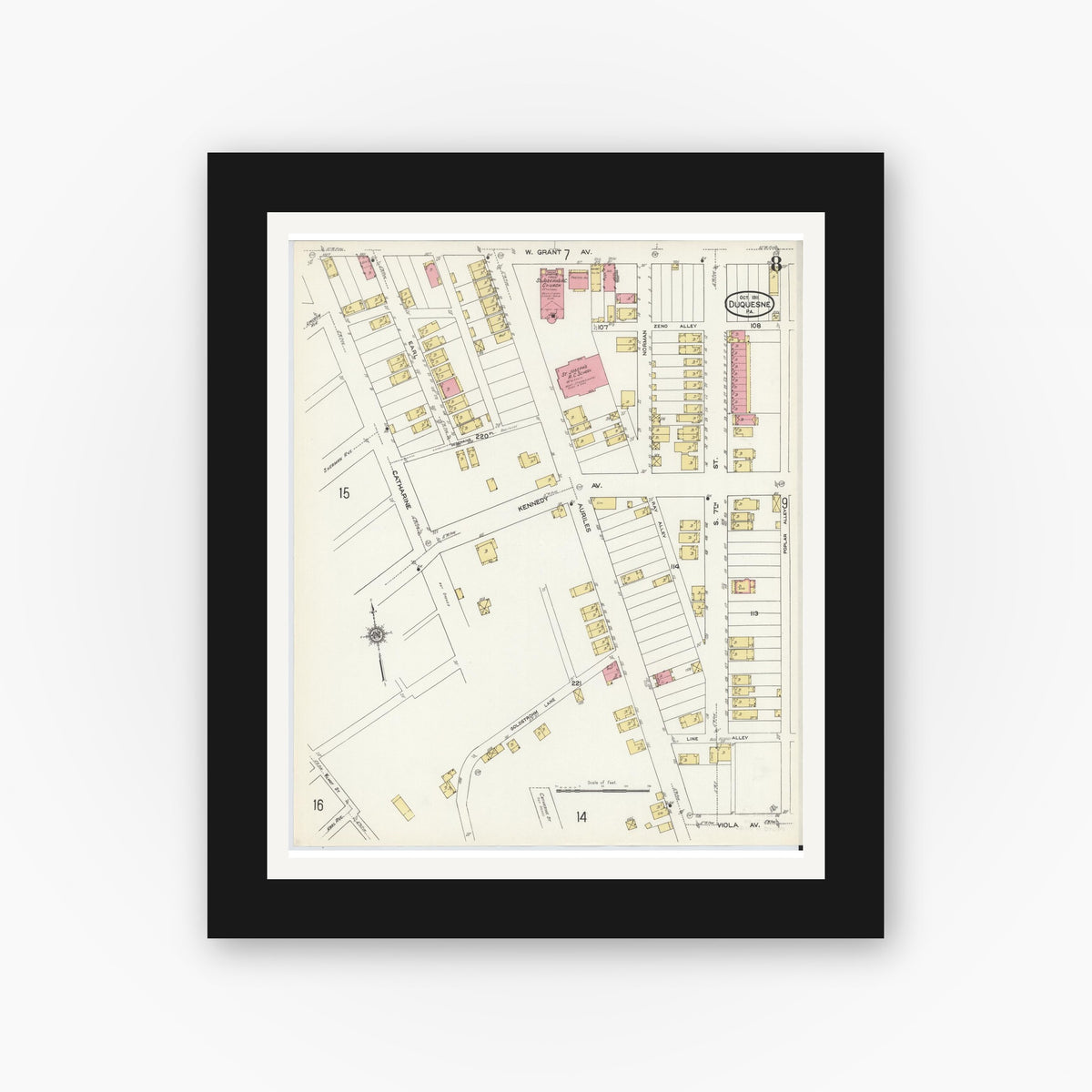 Old map wall art mockup — black gallery frame with white mat — Sanborn Fire Insurance Map from Duquesne, Allegheny County, Pennsylvania (1911), Sheet #0008