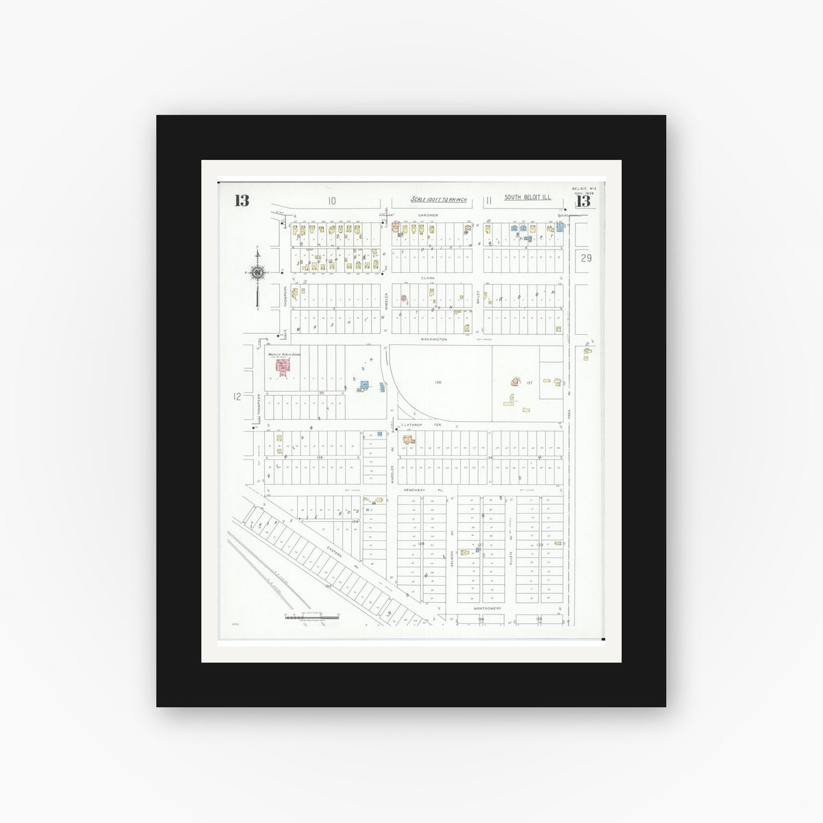 Old map wall art mockup — black gallery frame with white mat — Sanborn Fire Insurance Map from Beloit, Rock County, Wisconsin (1939), Sheet #0013
