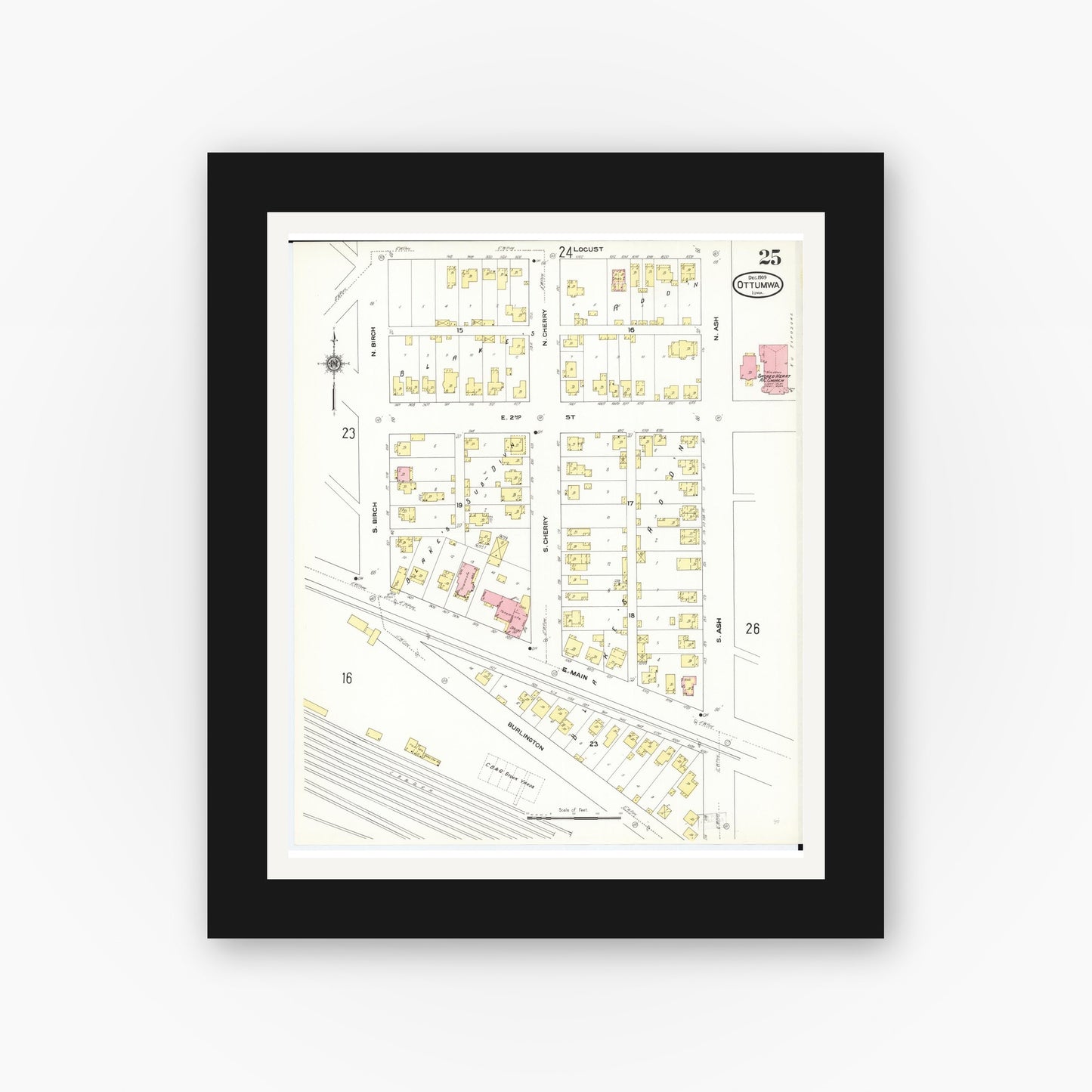 Old map wall art mockup β black gallery frame with white mat β Sanborn Fire Insurance Map from Ottumwa, Wapello County, Iowa (1909), Sheet #0025
