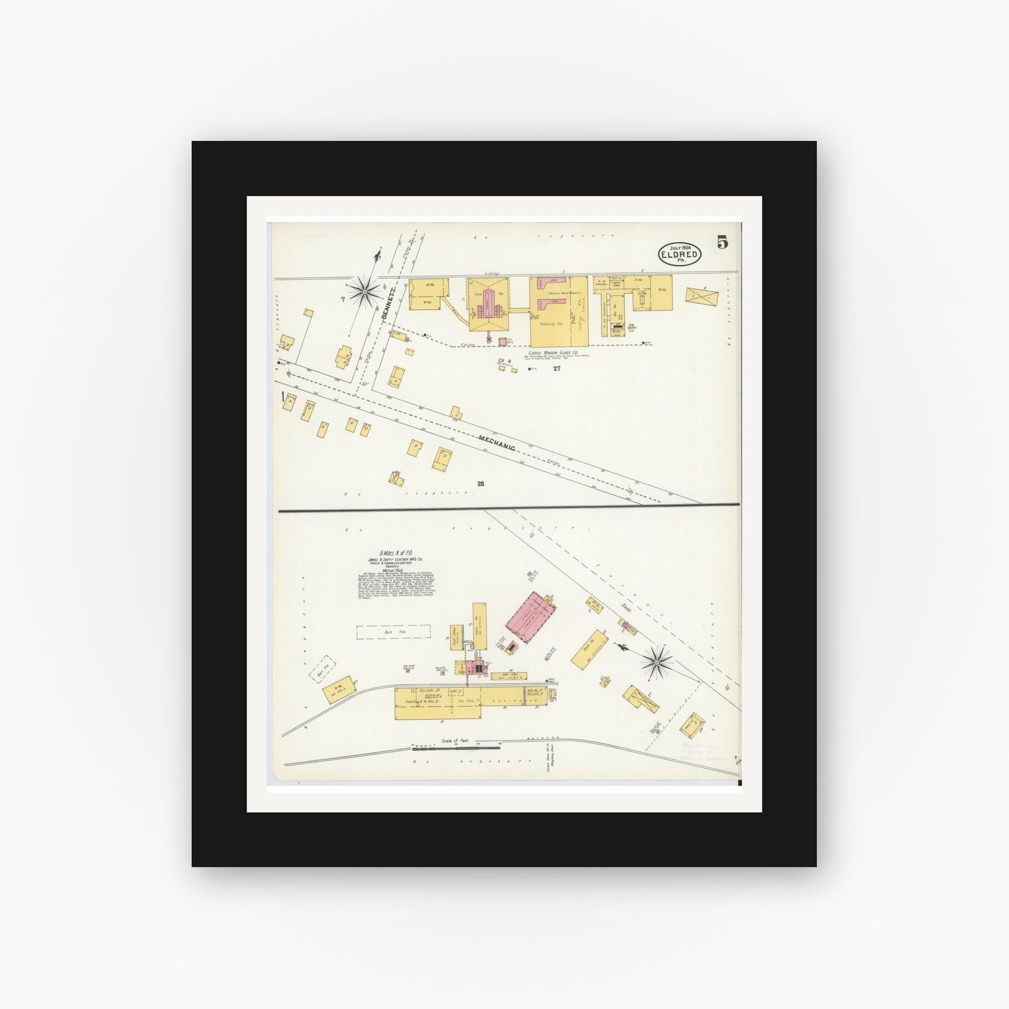 Old map wall art mockup — black gallery frame with white mat — Sanborn Fire Insurance Map from Eldred, McKean County, Pennsylvania (1904), Sheet #0005