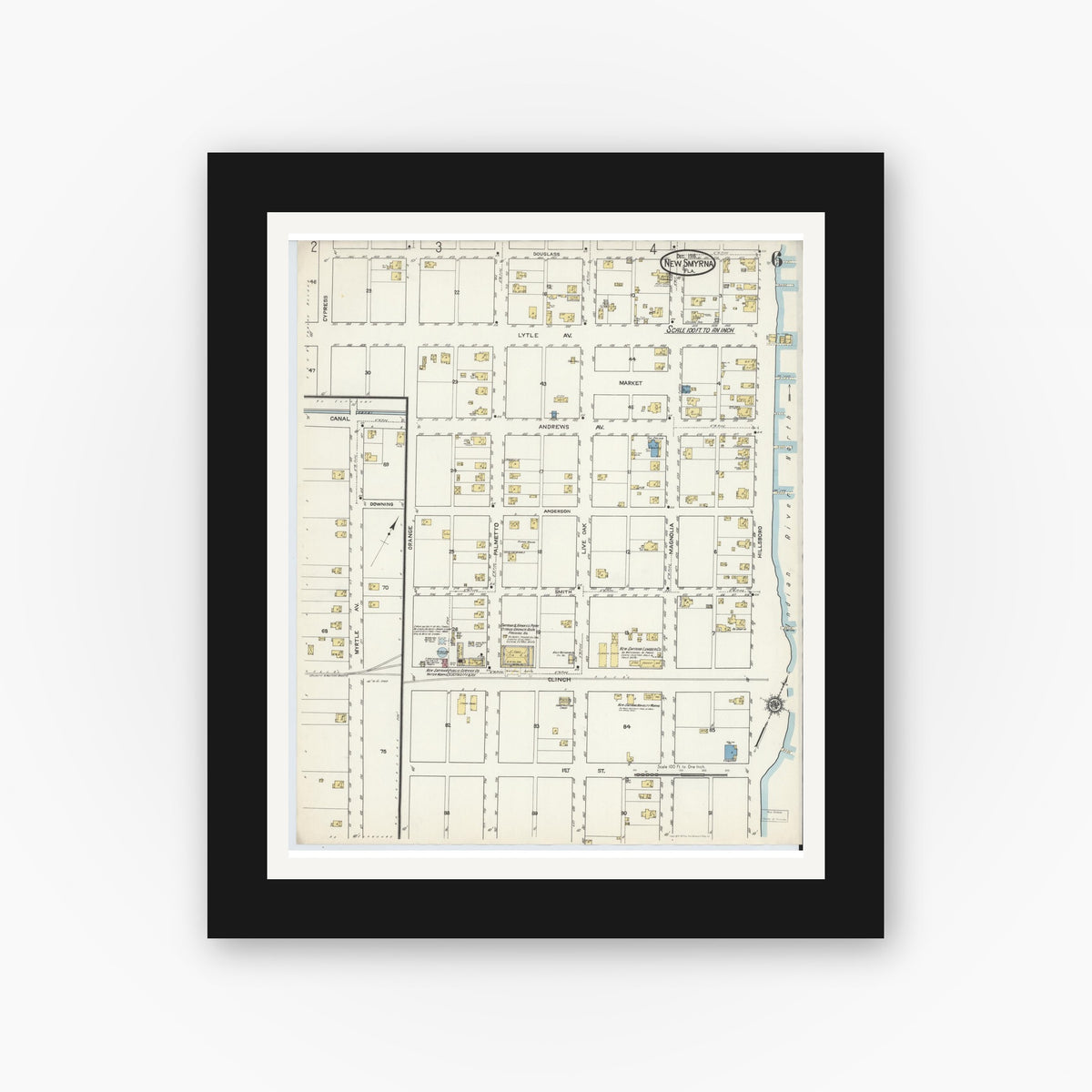 Old map wall art mockup — black gallery frame with white mat — Sanborn Fire Insurance Map from New Smyrna, Valusia County, Florida (1916), Sheet #0006