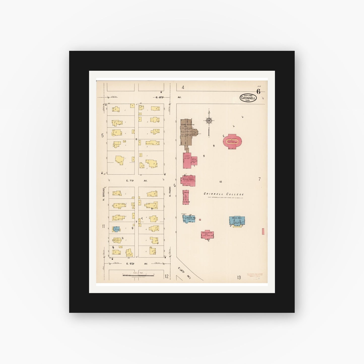 Old map wall art mockup β black gallery frame with white mat β Sanborn Fire Insurance Map from Grinnell, Poweshiek County, Iowa (1922), Sheet #0006