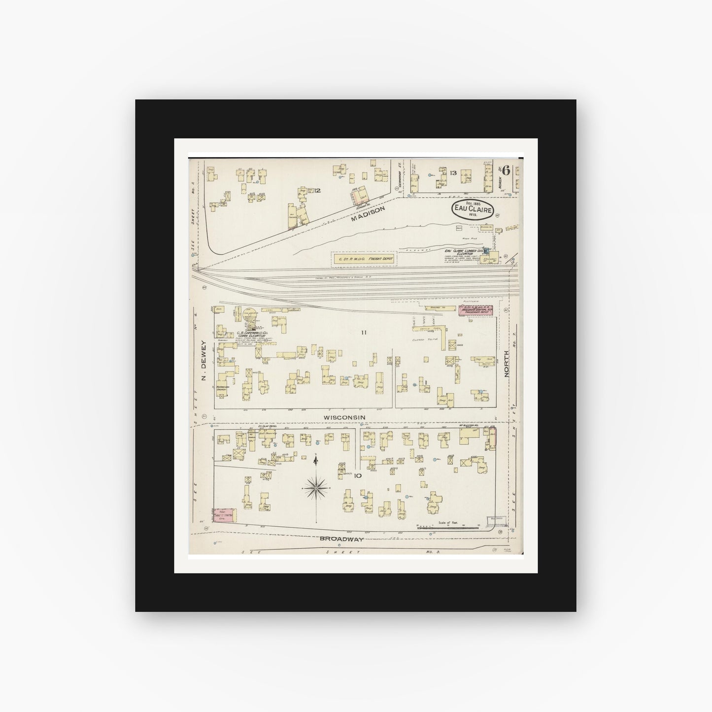 Old map wall art mockup — black gallery frame with white mat — Sanborn Fire Insurance Map from Eau Claire, Eau Claire County, Wisconsin (1885), Sheet #0006