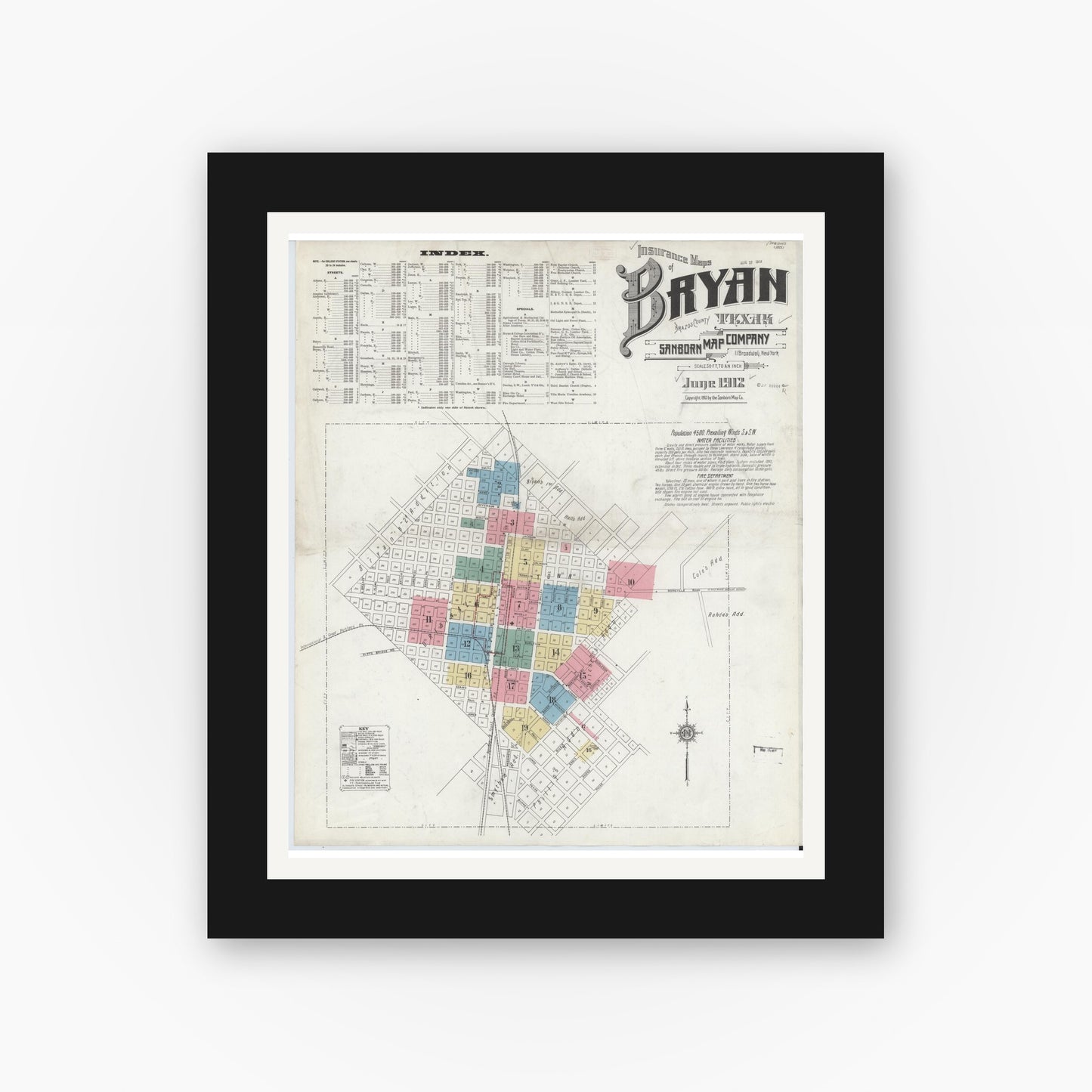 Old map wall art mockup — black gallery frame with white mat — Sanborn Fire Insurance Map from Bryan, Brazos County, Texas (1912), Sheet #0001