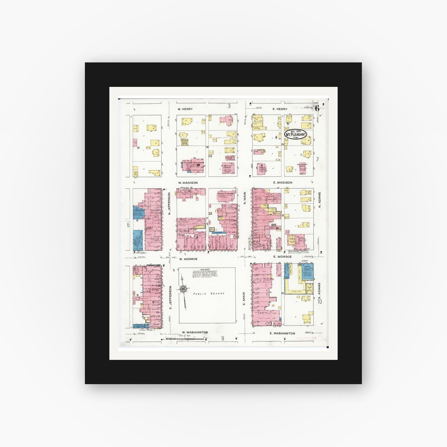 Old map wall art mockup β black gallery frame with white mat β Sanborn Fire Insurance Map from Mount Pleasant, Henry County, Iowa (1920), Sheet #0006