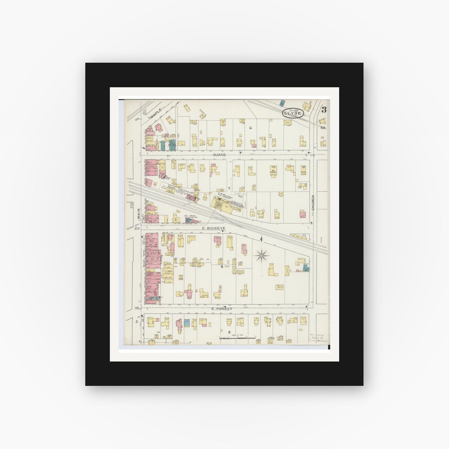Old map wall art mockup — black gallery frame with white mat — Sanborn Fire Insurance Map from Clyde, Sandusky County, Ohio (1893), Sheet #0003