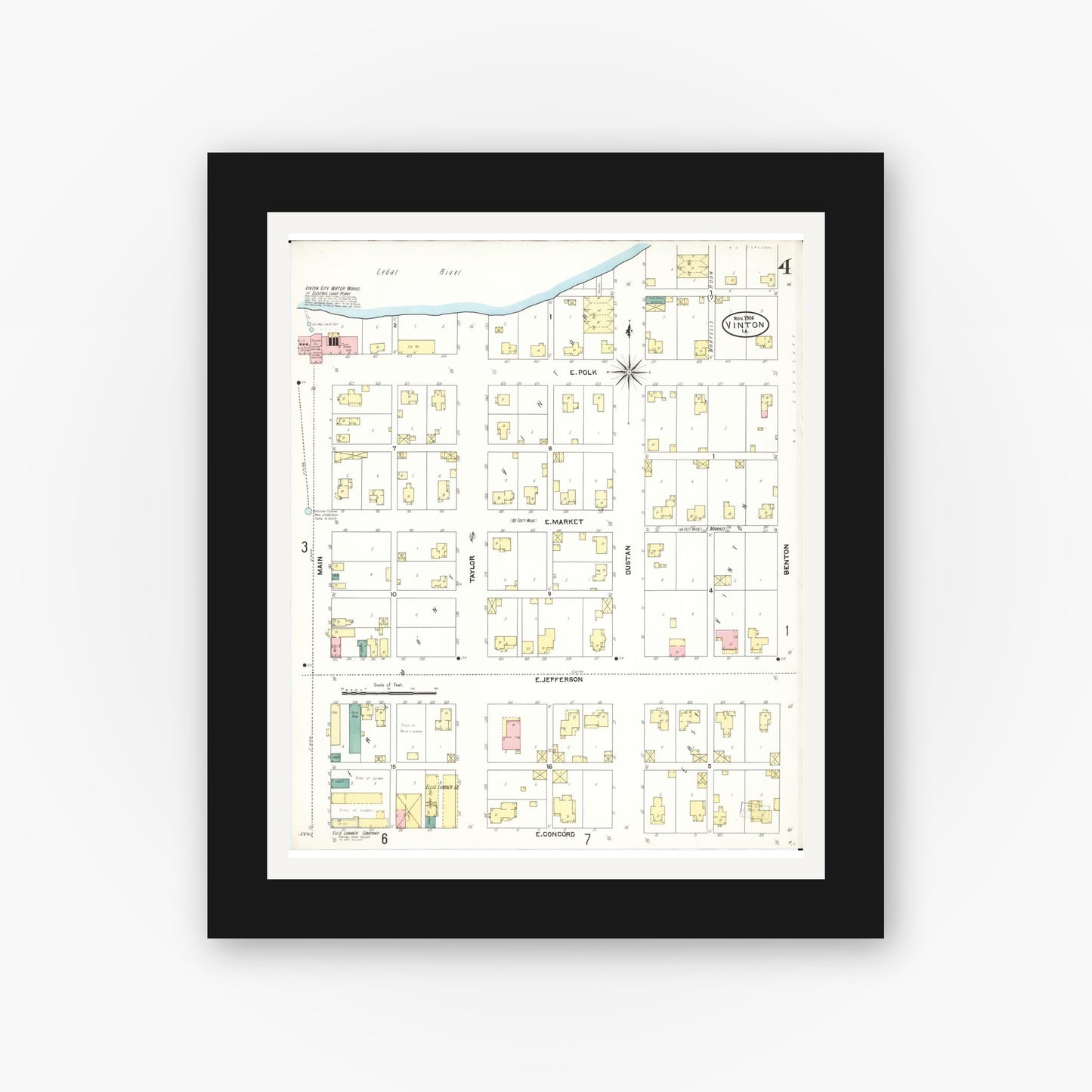 Old map wall art mockup — black gallery frame with white mat — Sanborn Fire Insurance Map from Vinton, Benton County, Iowa (1906), Sheet #0004