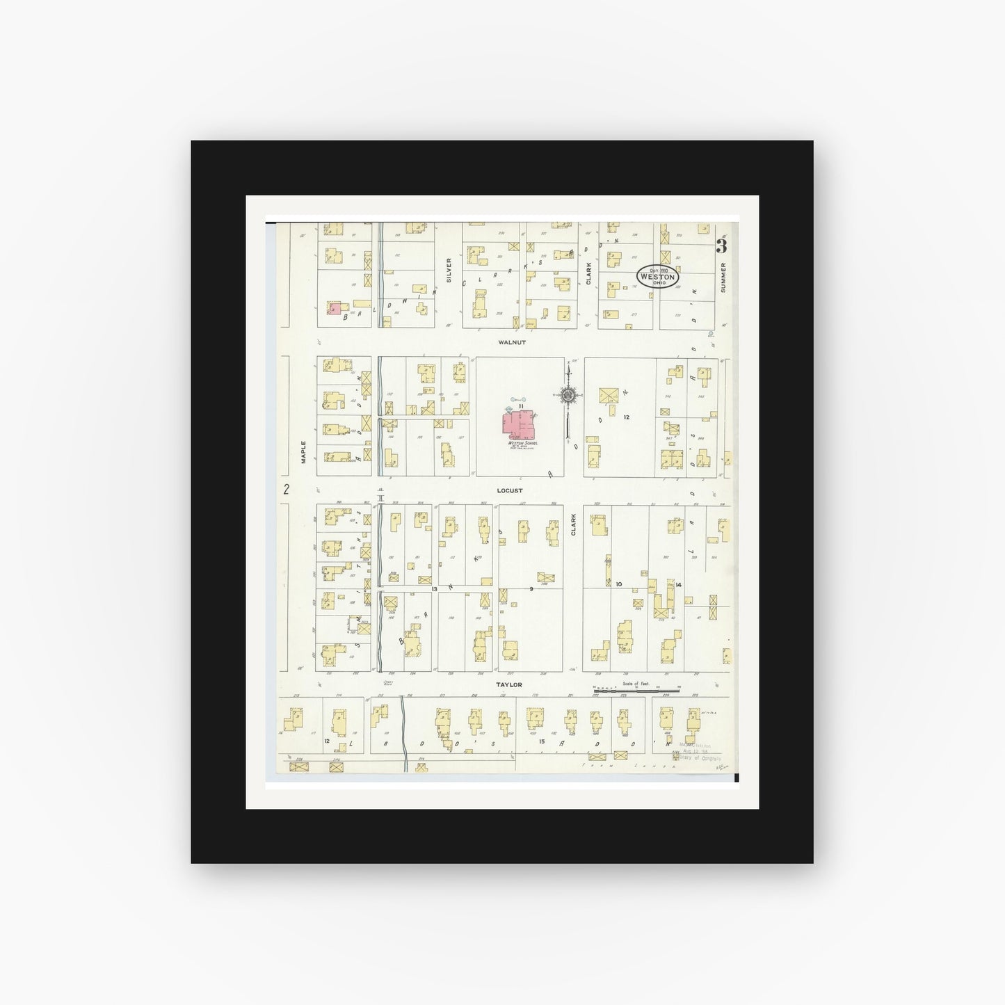 Old map wall art mockup — black gallery frame with white mat — Sanborn Fire Insurance Map from Weston, Wood County, Ohio (1910), Sheet #0003